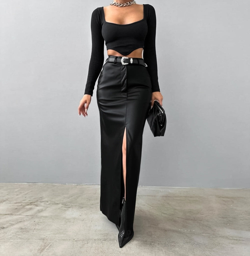 Slit Solid Color High Waist Simple Leather Slim Fit Midi Skirt