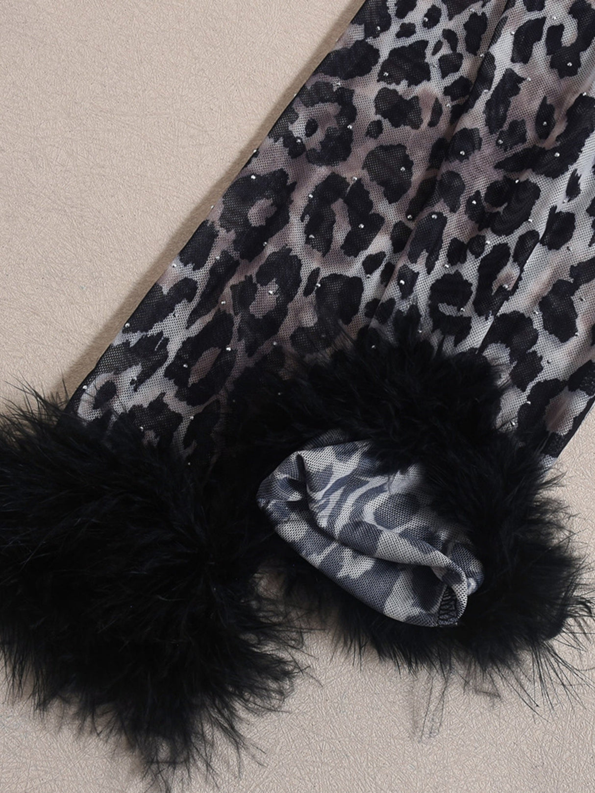 Liber Leopard Print Hot Rhinestones Feather Leopard Print Navel Exposed Long-sleeved T-shirt