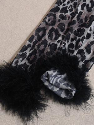 Liber Leopard Print Hot Rhinestones Feather Leopard Print Navel Exposed Long-sleeved T-shirt