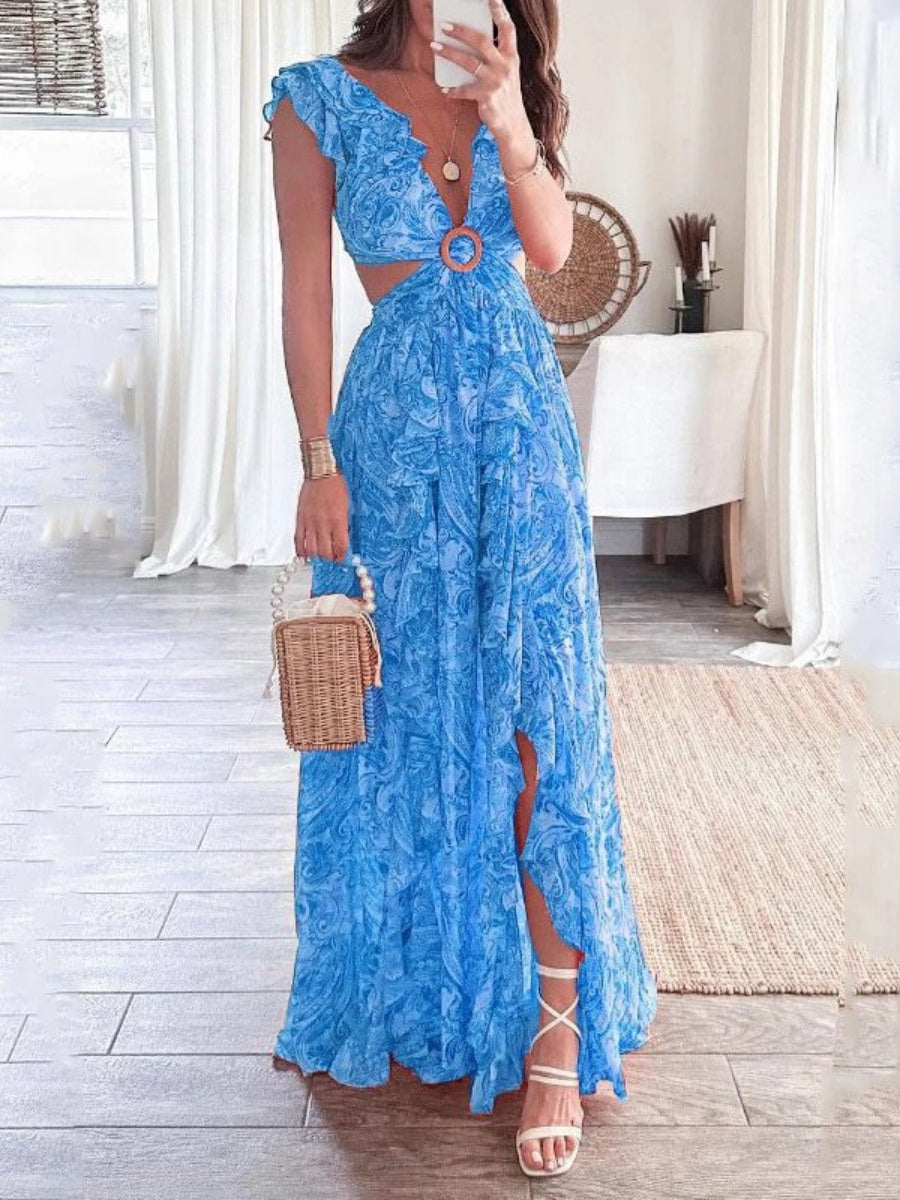 Sexy Waist-revealing Cutout Floral Plant Maxi Dresses