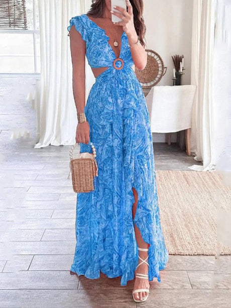 Sexy Waist-revealing Cutout Floral Plant Maxi Dresses