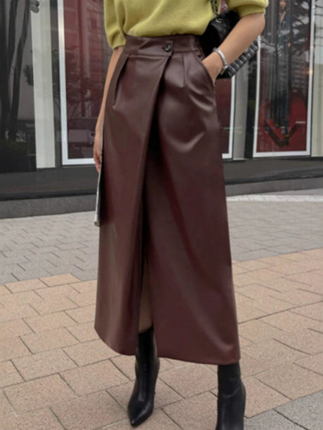 PU Leather Buttons Pleated High-waisted Side Slit Longline Skirts