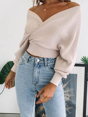 Liber Autumn women's clothing cross design Plain stitch V-neck solid color pullover long-sleeved sweater
