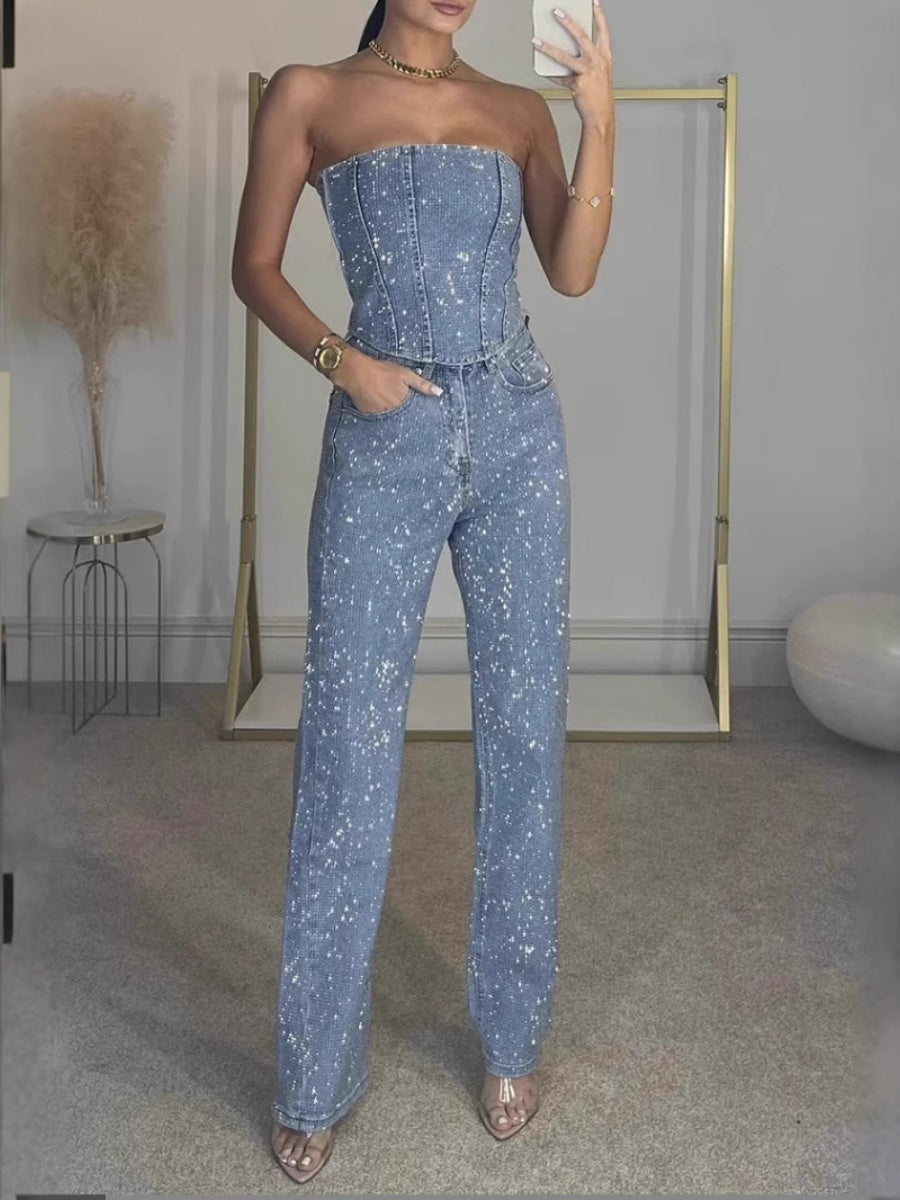 Sexy Off-shoulder Sequins Tube Top Pants 2-piece Sets