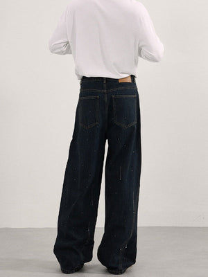 Retro Hot Brick Raindrop Design Blue Gray Loose Straight Leg Jeans