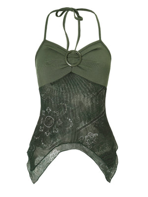 Printed Patchwork Halter V-neck Irregular Tank Top