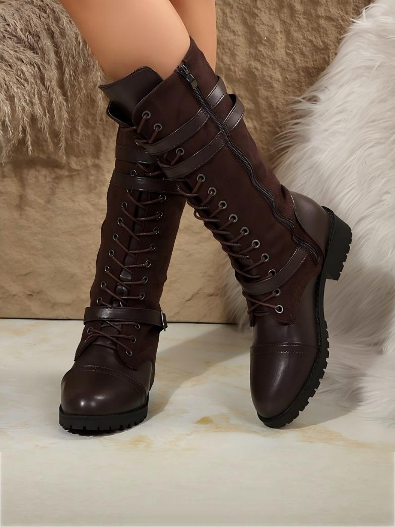 Color-blocked Denim Belt Buckle Knee-high Women's Boots