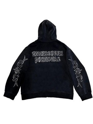 Crew Neck Loose Letter Rhinestone Zip-up Hoodie