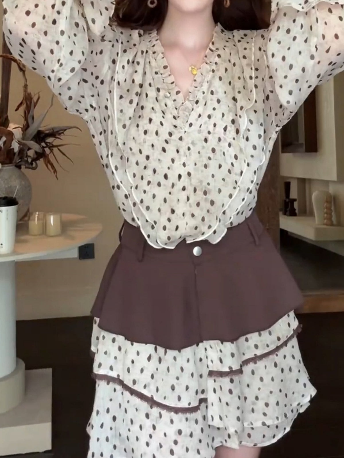 Korean Style Preppy Polka Dot Dress Two-piece Set
