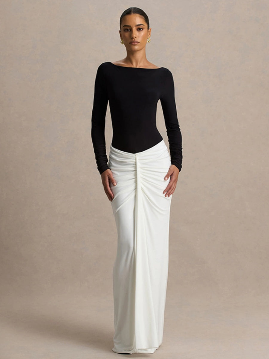 Hip-hugging Long-sleeved Contrasting Color Crimp Spliced Long Dress