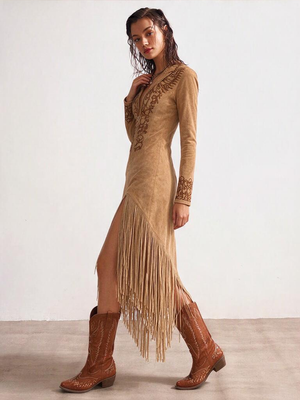 Slim-fit Embroidered Tassel Long Dress