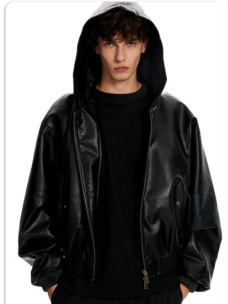 Hooded Short And Wide Black Relief Pattern Locomotive PU Jackets