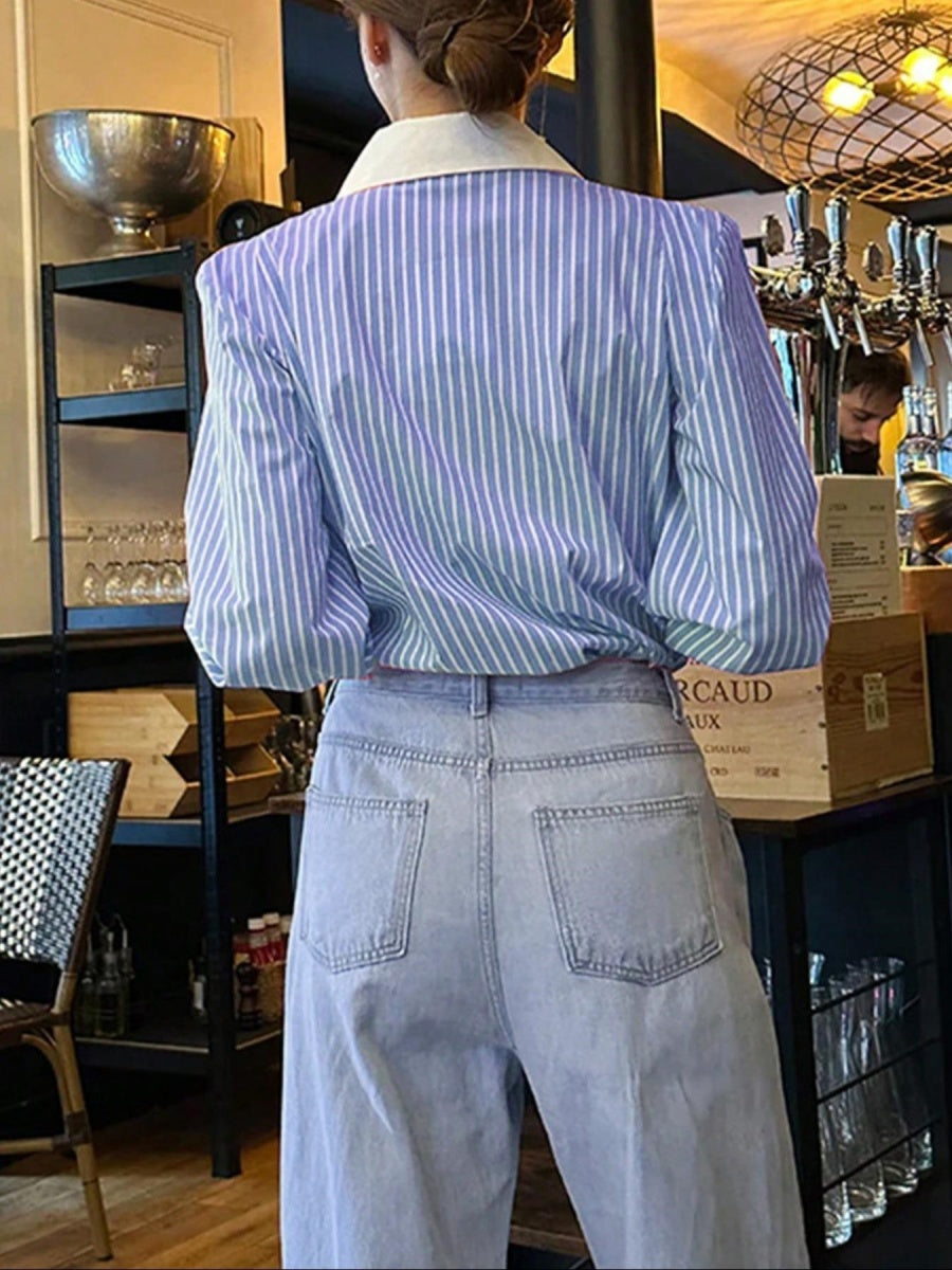 Stripes Loose-fit Lapel Color-blocked Commuting Shirts