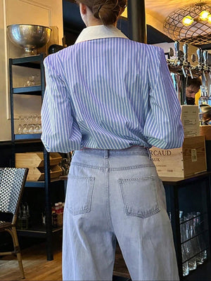 Stripes Loose-fit Lapel Color-blocked Commuting Shirts