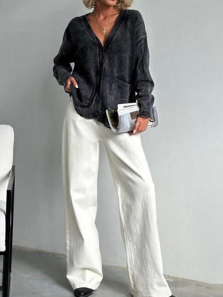 Liber Autumn women's washed and distressed clothing V-neck hand-distressed cardigan sweater