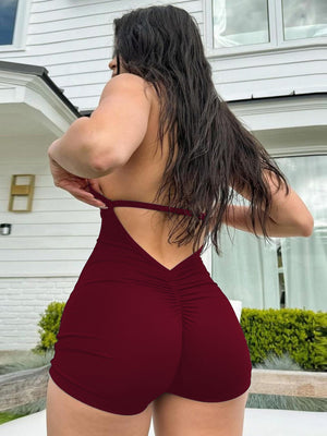 Deep V Halter Neck Tie Backless Pleated Elasticity Exercise Yoga Fitness Jumpsuits&Bodysuits