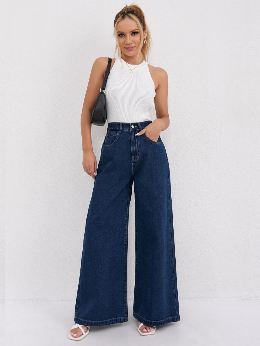 High Waist Dark Blue Wide Leg Mopping Jeans