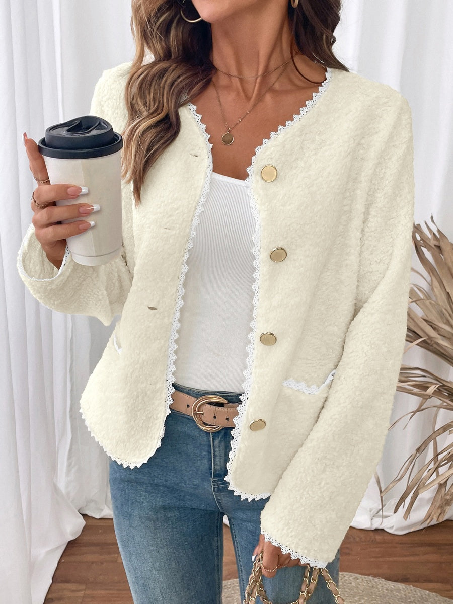 Splicing Buttons Off-white lace cardigan jacket