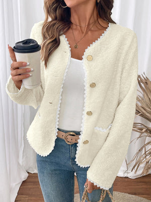 Splicing Buttons Off-white lace cardigan jacket