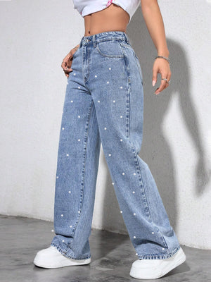 Women's Autumn/Winter Pearl-Embellished Wide-Leg Jeans