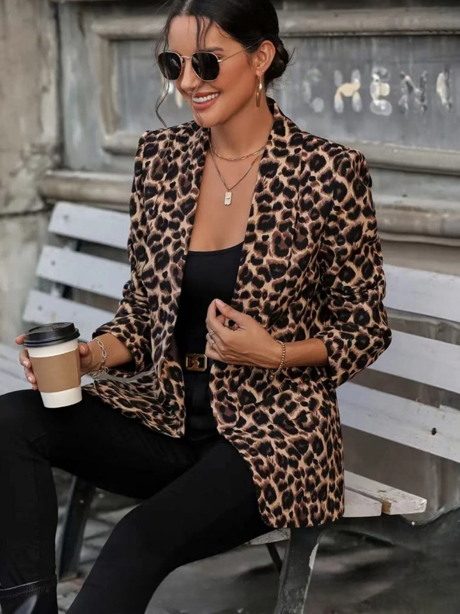 Distressed Cardigan Style Leopard Print Slim Fit Workplace Casual Suit Jacket