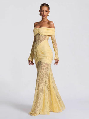 Schulterfreie, hohle Spitzeneinsätze, langärmelige, hüftbetonte Maxikleider