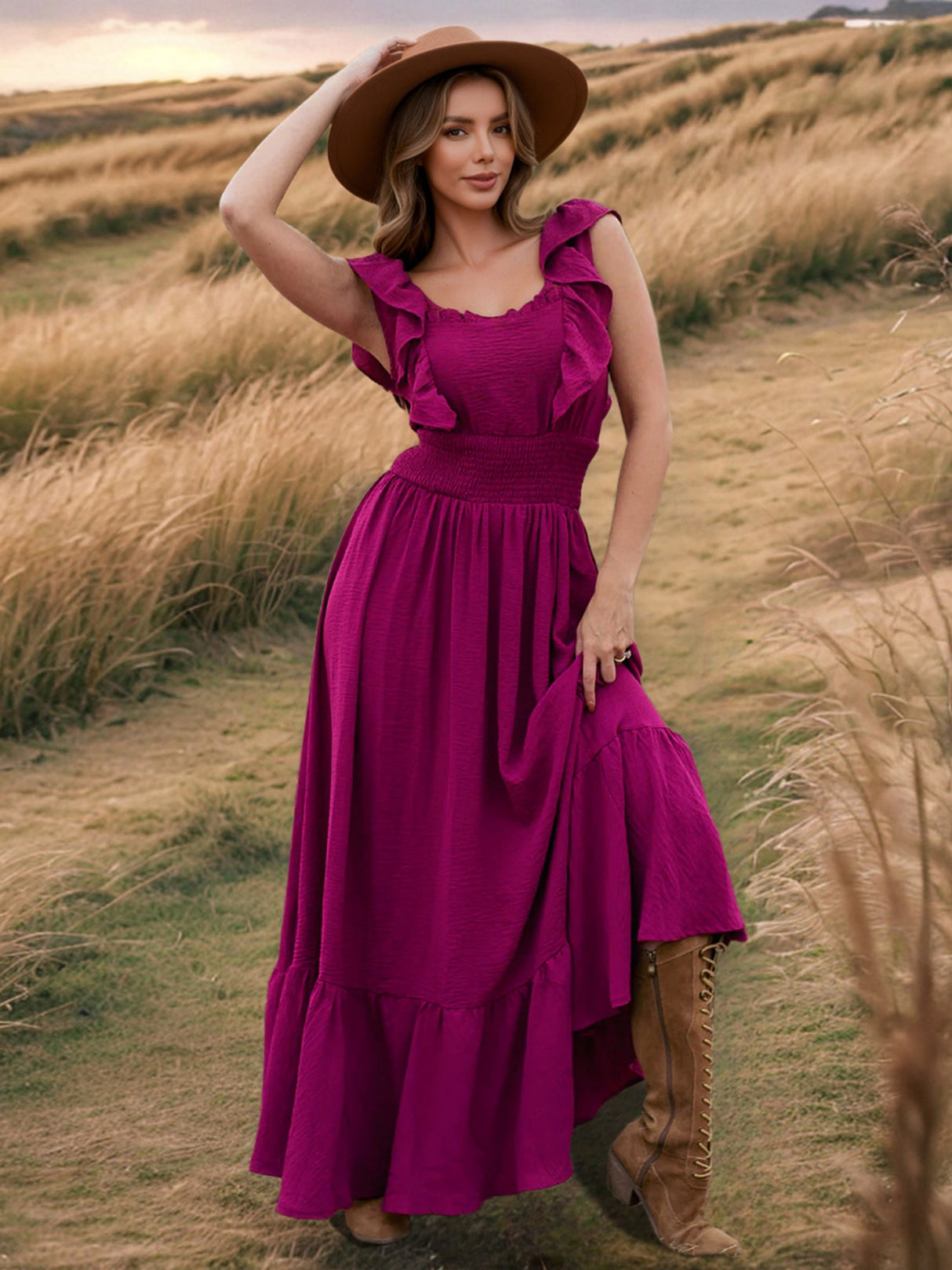 Ruffle Off-shoulder Neckline Waist Shaping Vacation Style Maxi Dresses