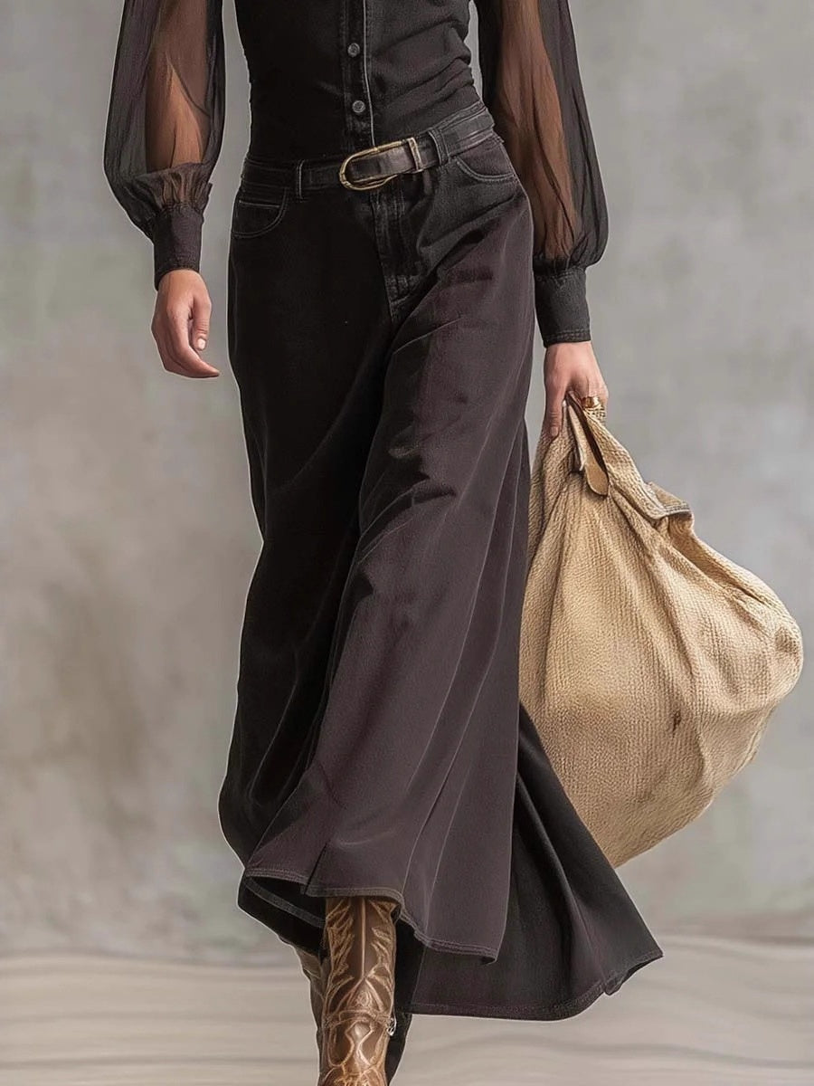 Black Long-sleeved See-through Shirt Collar Button Mesh Stitching Maxi Dress