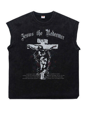 Washed Distressed God Printed Tank Tops