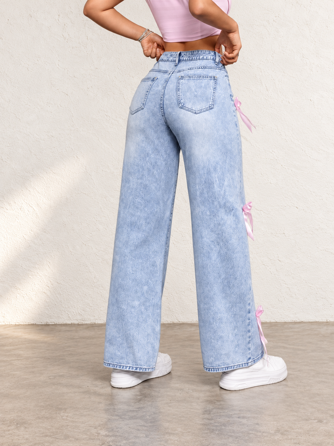 Women's Autumn/Winter High-Waisted Wide-Leg Jeans With Bow Decoration