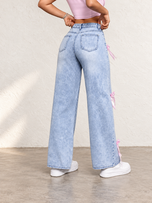 Women's Autumn/Winter High-Waisted Wide-Leg Jeans With Bow Decoration