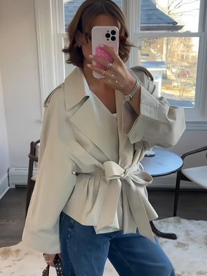 Light khaki Lace up Loose Short Trench Coats