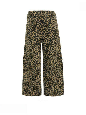 Baggy Deconstruction Design Multiple Pockets Leopard Straight Cargo Trousers