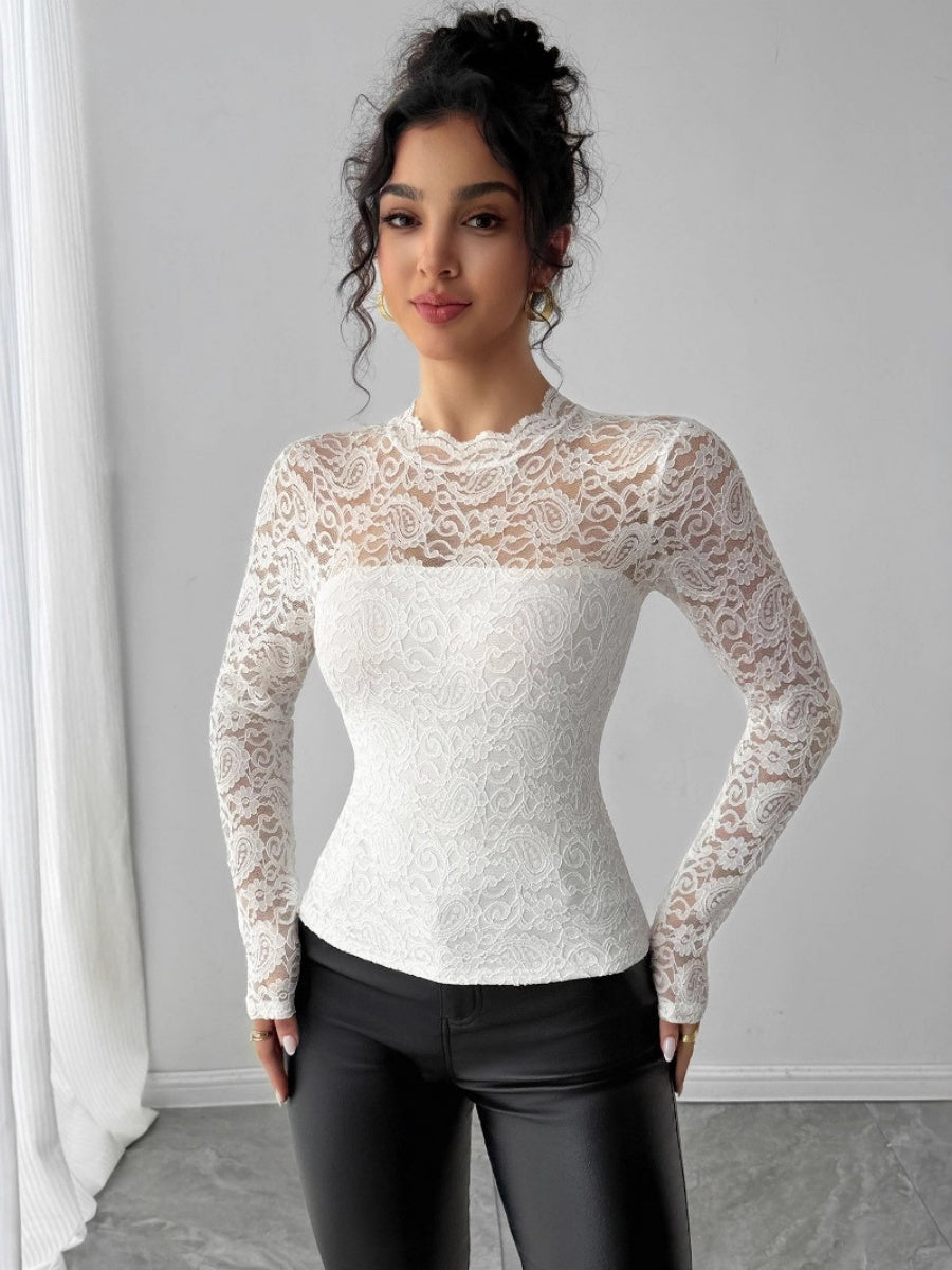 Long-sleeved High-neck Sheer Lace Slim Fit Elegant And Form-fitting Daily Party Outfit: Mesh/sheer Top