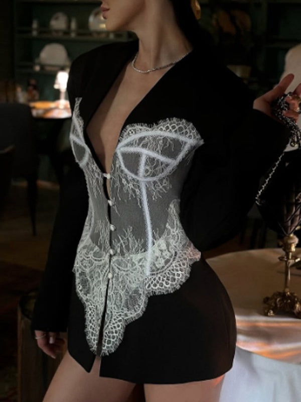 Lace-trimmed V-neck Suit Jacket