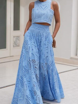 Floral Cutout Sleeveless Top And A-line Skirt Two-piece Vacation Set