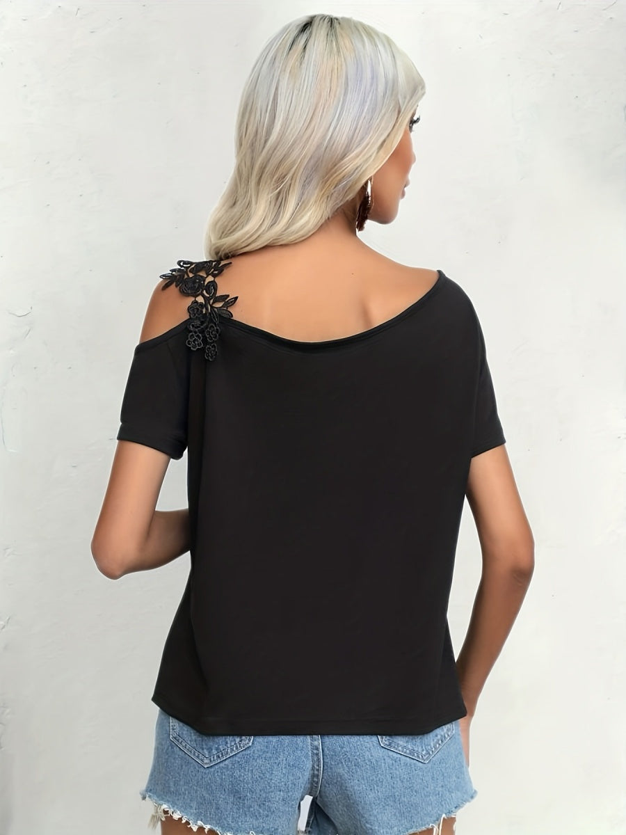 Applique Short Sleeve Splicing Chiffon Blouse