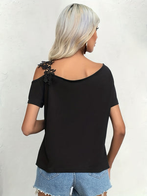 Applique Short Sleeve Splicing Chiffon Blouse