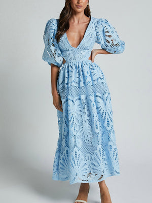 Robe midi sexy en dentelle brodée à col V