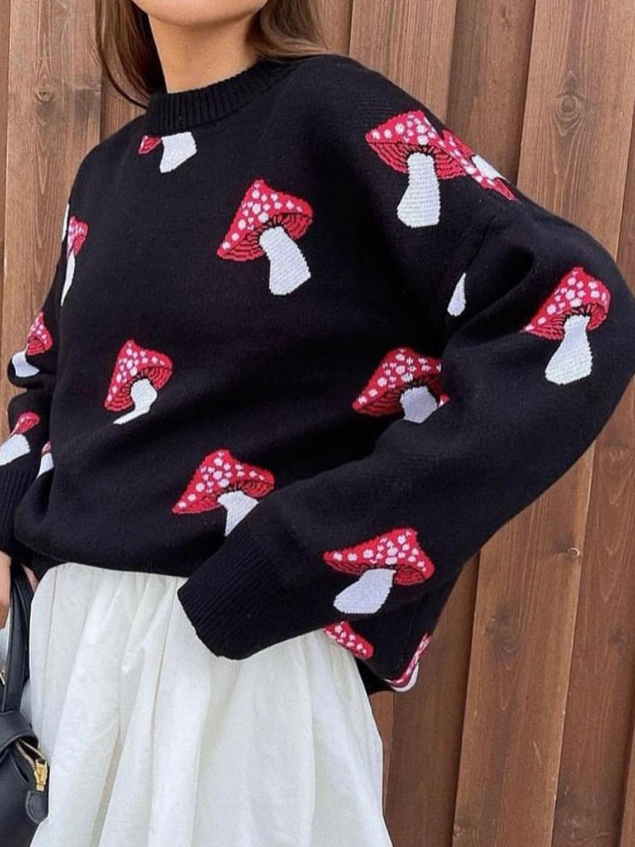Liber Autumn women's mushroom pattern crochet yarn-dyed pullover sweater