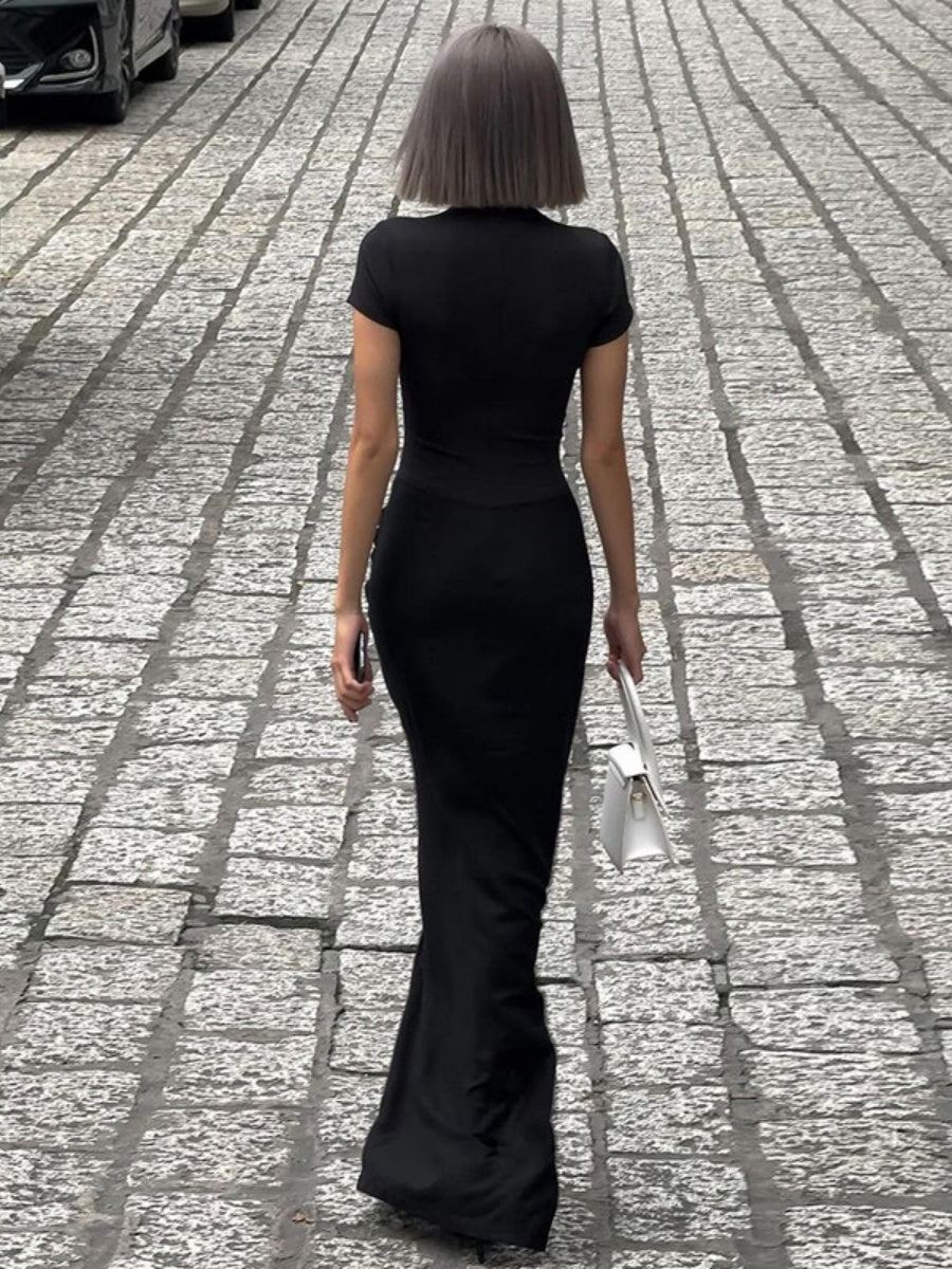 Sexy Deep V Short Sleeve Solid Color Pleated Maxi Dresses