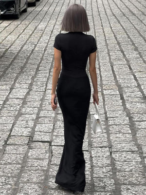 Sexy Deep V Short Sleeve Solid Color Pleated Maxi Dresses