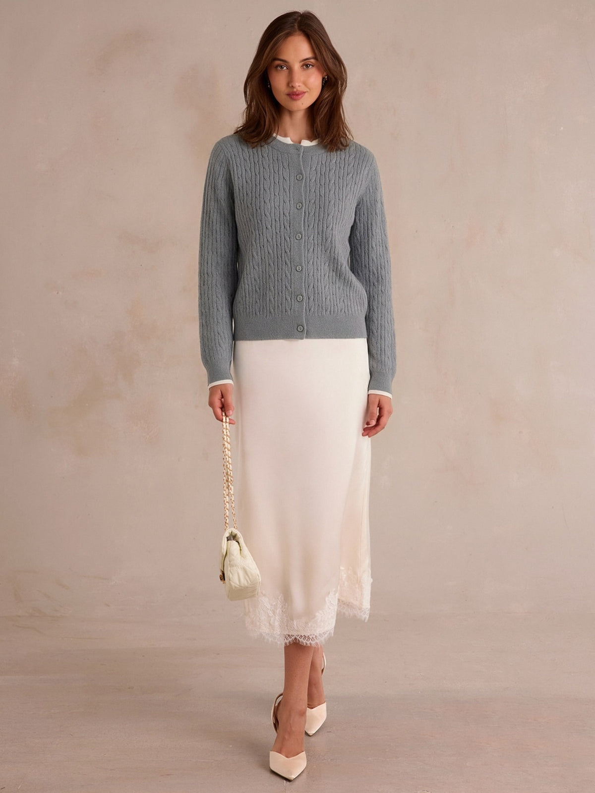 Cable Knit Color-blocked Trim Faux Two-piece Round Neck Knit Cardigan