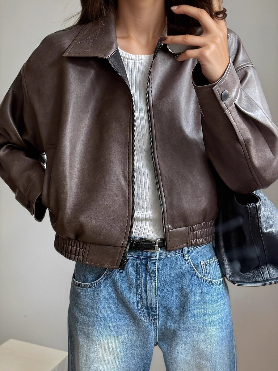 PU Loose Solid Color Jacket