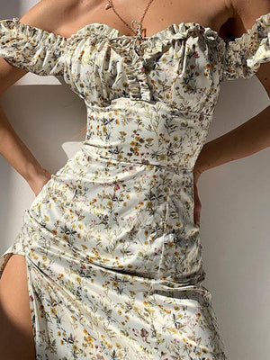 Sexy, Elegant, Fashionable Slit Off Shoulder Wood Ear Floral Maxi Dresses