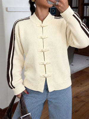 Simple Chinese Style Stand-up Collar Color-blocked Striped Button Sweater
