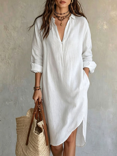 Loose-fitting Mid-length French Linen Shirt Dress With Slits