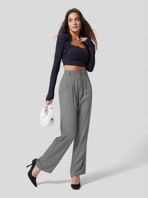 Pleated Button Solid Color High Waist Straight Leg Pants Temperament Drape French Trousers
