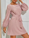 Balloon Sleeve Round Neck Tie High-waisted And Slimming Midi Dresses