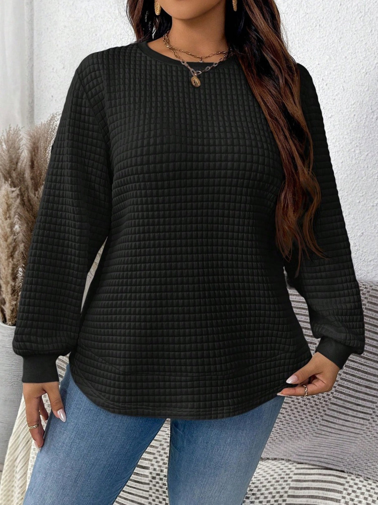 Waffle Round Neck Long Sleeve Sweatshirts&Hoodies
